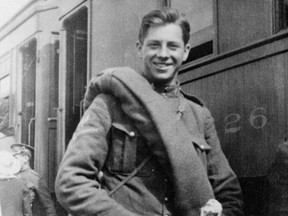Frederick Percival (Percy) Bousfield poses for a photograph in the Winnipeg train station on May 31, 1915 as he left for service in the First World War. He was killed a year later and his remains were just recently identified.