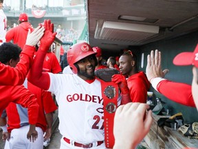 Winnipeg Goldeyes catcher Hidekel Gonzalez celebrates with his teammates after going yard in the fifth in on Friday night at Shaw Park. Dave Mahussier/Winnipeg Goldeyes