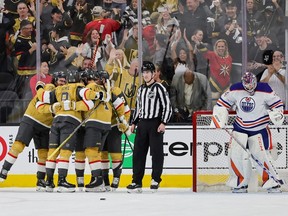 The Vegas Golden Knights celebrate after Mark Stone (L) #61 scored a first-period goal against Stuart Skinner #74 of the Edmonton Oilers in Game One of the Second Round of the 2023 Stanley Cup Playoffs at T-Mobile Arena on May 03, 2023 in Las Vegas, Nevada.