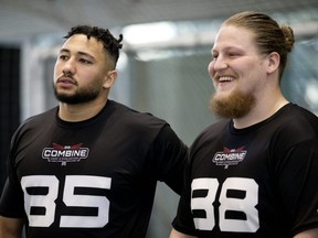 Winnipeg Blue Bombers hopefuls Anthony Bennett (left) and Tanner Schmekel will try to earn jobs on a team that is stacked with veteran talent.