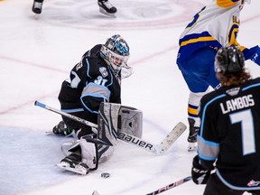 Winnipeg Ice goalie Daniel Hauser (31) was pulled twice in the series against Moose Jaw, but has stopped 43 of 45 shots in the series against Saskatoon so far.