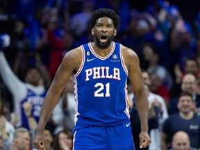 76ers centre Joel Embiid reacts after a score against the Nets during the third quarter in game two of the 2023 NBA playoffs at Wells Fargo Center in Philadelphia, April 17, 2023.