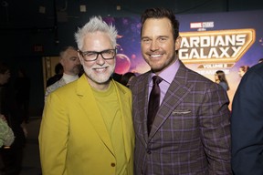 James Gunn and Chris Pratt attend the Guardians of the Galaxy Vol. 3 premiere at the Dolby Theatre in Hollywood.