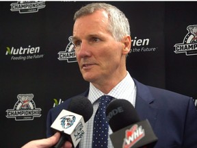 Winnipeg Ice head coach James Patrick meets with the media after his team was eliminated in the WHL final series on May 19, 2023.