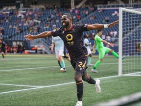 Valour FC forward Pacifique Niyongabire celebrates after he scored the club’s lone goal in a 1-1 draw against Pacific FC on May 20, 2023.
