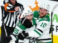 Stars forward Ty Dellandrea, right, celebrates with Joel Kiviranta after scoring his second goal against the Golden Knights during the third period in Game 5 of the Western Conference Final of the 2023 Stanley Cup Playoffs at T-Mobile Arena in Las Vegas, Saturday, May 27, 2023.