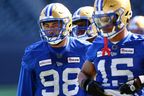 Rookie defensive lineman Anthony Bennett (left) says Winnipeg Blue Bombers training camp is giving him a chance to learn from two of the best in the game — defensive ends Willie Jefferson and Jackson Jeffcoat.