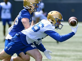 Receiver hopeful Michael O'Shea juggles this potential reception with one hand but is unable to make the difficult catch on the opening day of Winnipeg Blue Bombers rookie camp on Wed., May 10, 2023.