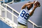 Receiver Kenny Lawler snags a pass in the corner of the end zone during Winnipeg Blue Bombers training camp.