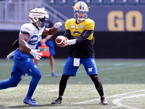 Winnipeg Blue Bombers quarterback Dru Brown (right) is hoping to get a chance to face a different defence on Saturday after a couple weeks of training camp.
