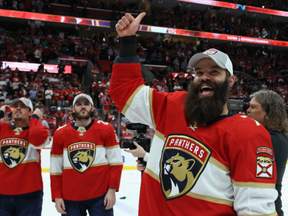 Radko Gudas #7 of the Florida Panthers celebrates victory over the Carolina Hurricanes in Game Four of the Eastern Conference Finals of the 2023 Stanley Cup Playoffs at FLA Live Arena on May 24, 2023 in Sunrise, Florida.