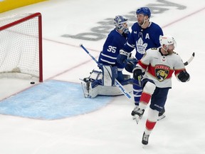 Florida Panthers' Sam Bennett scores on Maple Leafs goaltender Ilya Samsonov during second period in Game 1 of the second round on Tuesday, May 3, 2023, in Toronto.
