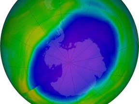 In this NASA colourized image, the blue and purple shows the hole in Earth's protective ozone layer over Antarctica on Oct. 5, 2022. Earth's protective ozone layer is slowly but noticeably healing at a pace that would fully mend the hole over Antarctica in about 43 years, the Un says.