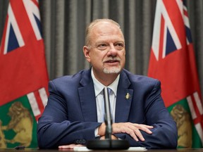 Premier Kelvin Goertzen speaks to the media during his first day in office as the Premier of Manitoba at the Legislative Building in Winnipeg on Wednesday September 1, 2021.