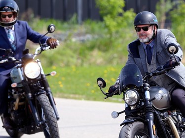 Participants in the Winnipeg version of the Distinguished GentlemenÕs Ride exit motorcycle shop Moto 49 in St. Boniface en route to Torque Brewing on King Edward Street in support of menÕs health charity Movember on Sun., May 21, 2023. KEVIN KING/Winnipeg Sun