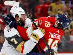 Alex Pietrangelo of the Vegas Golden Knights and Matthew Tkachuk of the Florida Panthers fight following the Knights 3-2 win against the Panthers in Game 4 of the 2023 NHL Stanley Cup Final at FLA Live Arena on June 10, 2023 in Sunrise, Fla.