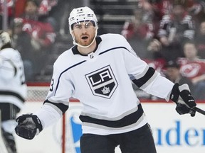 Los Angeles Kings' Gabriel Vilardi argues a penalty called against him.