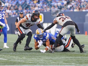 Blue Bombers receiver Nic Demski gets taken down during Winnipeg's 30-6 loss to the B.C. Lions at IG Field on Thursday.