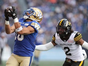 Winnipeg Blue Bombers receiver Nic Demski hauls in a touchdown pass in the first quarter of a season-opening win over the Hamilton Tiger-Cats.