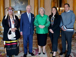 Ahead of his coronation, King Charles meets with (from left) National Chief of the Assembly of First Nations Roseanne Archibald, Governor General of Canada Mary Simon, President of the National Metis Council Cassidy Caron and President of Inuit Tapirlit Kanatami Natan Obed at Buckingham Palace, on May 4, 2023.