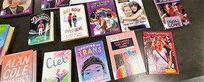 Books that touch on LGBTQ issues and issues of sexual and gender identity are seen in this photo. This week the Prairie Rose School Division rejected a request that the division remove some books from school shelves that touch on issues of sexuality and gender identity.