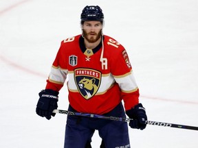 Panthers forward Matthew Tkachuk warms up prior to Game 4 of the 2023 NHL Stanley Cup Final against the Golden Knights at FLA Live Arena in Sunrise, Fla., Saturday, June 10, 2023.