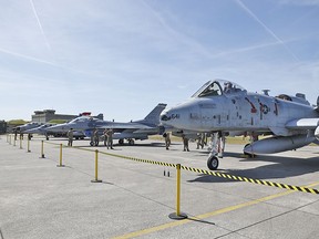 An A-10, a F-16, a Saab JAS39 and a Tornado fighter plane are presented at Jagel airbase prior to NATO's Air Defender 2023 military exercises in Jagel, Germany, on June 9, 2023. With 250 participating aircraft from 25 nations and 10,000 military personnel (excluding Canada), it is the biggest air exercise ever of the NATO military alliance.