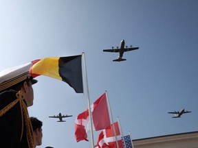 Aircraft take part in a flypast during a ceremony to mark the 79th anniversary of the Second World War "D-Day" Normandy landings at the British Normandy Memorial in Ver-sur-Mer, France, June 6, 2023.