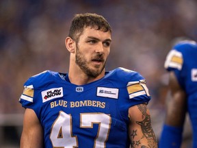 Winnipeg Blue Bombers linebacker Tanner Cadwallader is tied for the CFL lead with five special teams tackles in two games.