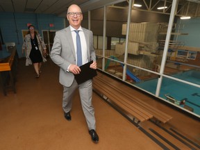 Winnipeg Mayor Scott Gillingham arrives at an event on Tuesday, June 27 to announce that free lifeguard training is returning to Winnipeg this summer.