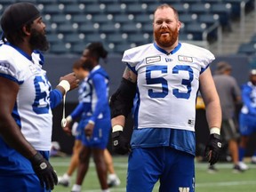 Bombers offensive linemen Stanley Bryant (left) and Pat Neufeld, talk some strategy during practice on Tuesday.