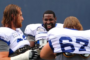 Jermarcus Hardrick and his fellow O-linemen were keeping it light during practice on Tuesday, but they certainly weren't feeling good about themselves after getting pushed around against the B.C. Lions.
