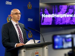 Stephen Sauer, Cybertip.ca director, speaks during a press conference regarding a sextortion case, at Winnipeg Police Service headquarters on Wed., June 28, 2023.