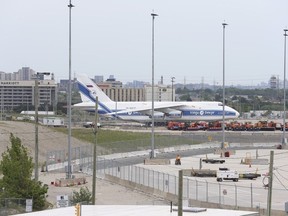 The Russian-registered Antonov 124, that is operated by cargo carrier Volga-Dnepr, has been parked at Pearson since Feb. 27. It arrived in Canada from Anchorage, Alaska, to deliver a shipment of COVID-19 rapid tests and so far has racked up over $90,000 in parking/storage costs - $1,000 per day. on Monday June 6, 2022.