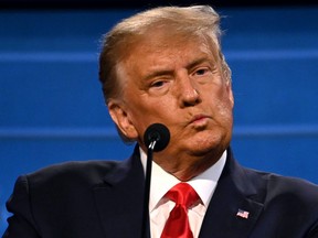 U.S. President Donald Trump looks on during the final presidential debate at Belmont University in Nashville, Tenn., on Oct. 22, 2020.