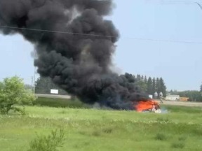 Scene of the crash on the Trans-Canada Highway in Manitoba on Thursday, June 15, 2023. PHOTO BY SKILLED TRUCKERS CANADA/FACEBOOK PHOTO BY SKILLED TRUCKERS CANADA /Facebook