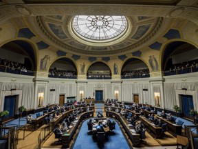Finance Minister Cameron Friesen delivers the budget at the Manitoba legislature in Winnipeg on Monday, March 12, 2018. The Manitoba government is taking out more advertising in the lead-up to the Oct. 3 provincial election and will have more leeway to do so under recent changes to provincial law.