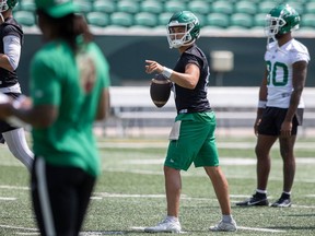 Saskatchewan Roughriders quarterback Mason Fine (8) goes to through the ball during practice at Mosaic Stadium on Tuesday, June 13.