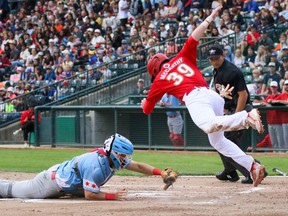 Acrobatic play at the plate puts Winnipeg ahead for good.
