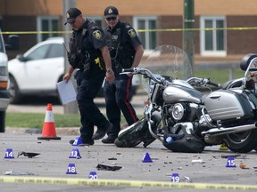A motorcycle damaged in a hit-and-run