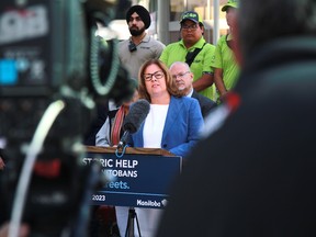 Manitoba Premier Heather Stefanson speaks during a news conference announcing $10 million to address crime in downtown Winnipeg on Thursday, July 6.