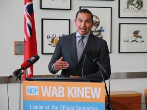 Manitoba NDP leader Wab Kinew speaks during a news conference at the RBC Convention Centre in Winnipeg on Monday, July 10, 2023. Ryan Stelter/Winnipeg Sun/Postmedia Network