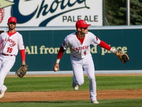 Goldeyes infielder Andy Armstrong makes a play against the Cleburne Railroaders last night at Shaw Park.  David Mahussier photo