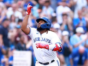 Vladimir Guerrero Jr. of the Toronto Blue Jays runs the bases after hitting a home run in the second inning against the Arizona Diamondbacks at Rogers Centre on July 14, 2023 in Toronto.