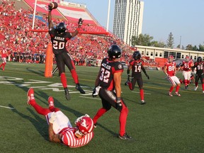 Ottawa Alonzo Addae breaks up a Stamps two point conversion attempt in overtime during CFL action between the Ottawa Redblacks and Calgary Stampeders at McMahon Stadium in Calgary on Sunday, July 23, 2023. Jim Wells/Postmedia