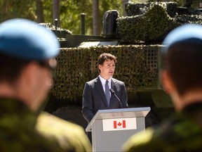 Canadian Prime Minister Justin Trudeau holds a joint press conference with Latvian Prime Minister after their visit at the Canada-led multinational NATO enhanced Forward Presence Battle Group in the Adazi military base in Riga, Latvia, on July 10, 2023.
