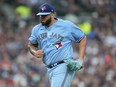 Toronto Blue Jays pitcher Alek Manoah pumps his fist as he leaves the mound after striking out Javier Baez of the Tigers to end the sixth inning last night in Detroit.