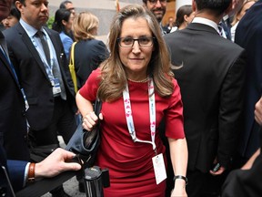 Finance Minister and Deputy Prime Minister Chrystia Freeland departs the International Monetary and Financial Committee (IMFC) Plenary Session during the World Bank Group and the International Monetary Fund Spring Meetings in Washington, D.C., on April 14, 2023.