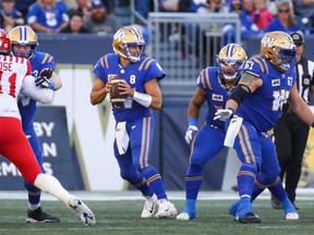 Winnipeg Blue Bombers quarterback Zach Collaros drops back to pass during Friday's 24-11 win over the Calgary Stampeders at IG Field. The Bombers improved their record to 4-1 on the season.