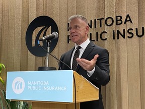 Ward Keith, board chair of Manitoba Public Insurance, speaks to reporters Tuesday, June 6, 2023. A senior executive at a Manitoba Crown corporation was sometimes being reimbursed for travel to Winnipeg from his home in the Toronto area twice a month, figures obtained by